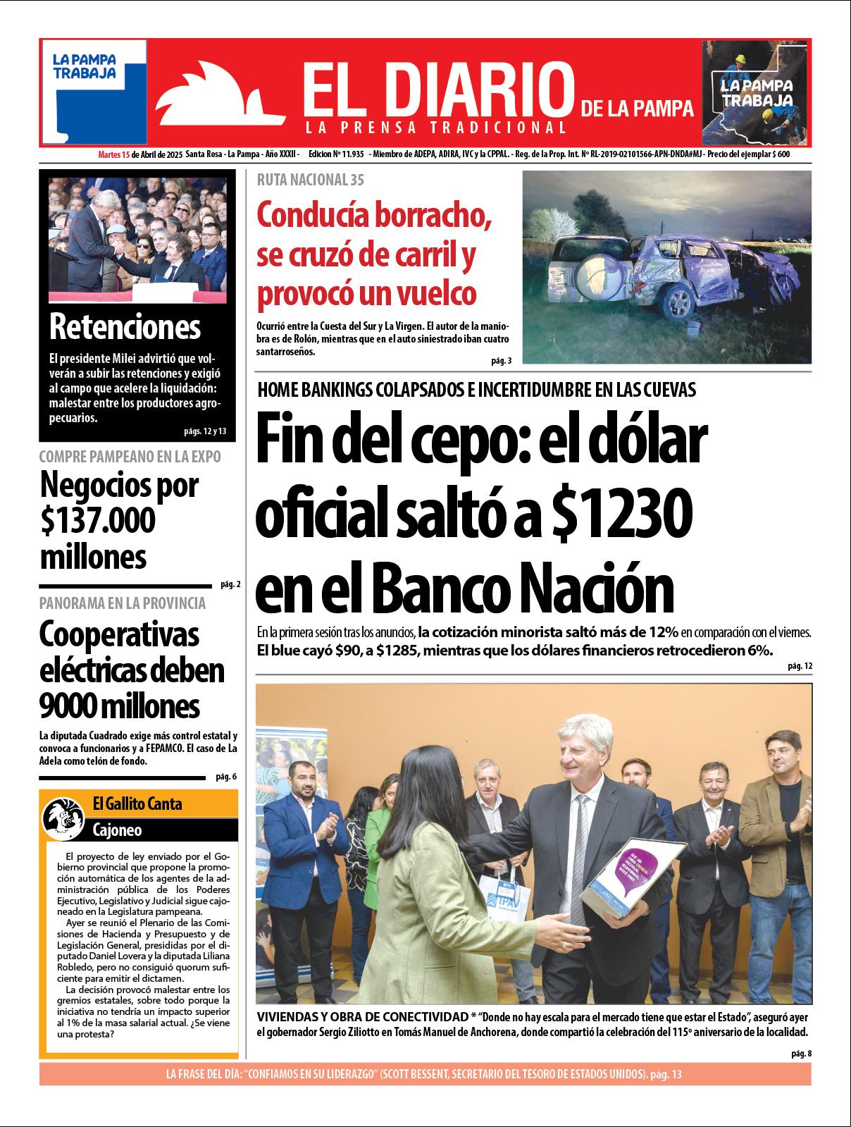 Tapa de El Diario en papel  martes 15 de abril de 2025